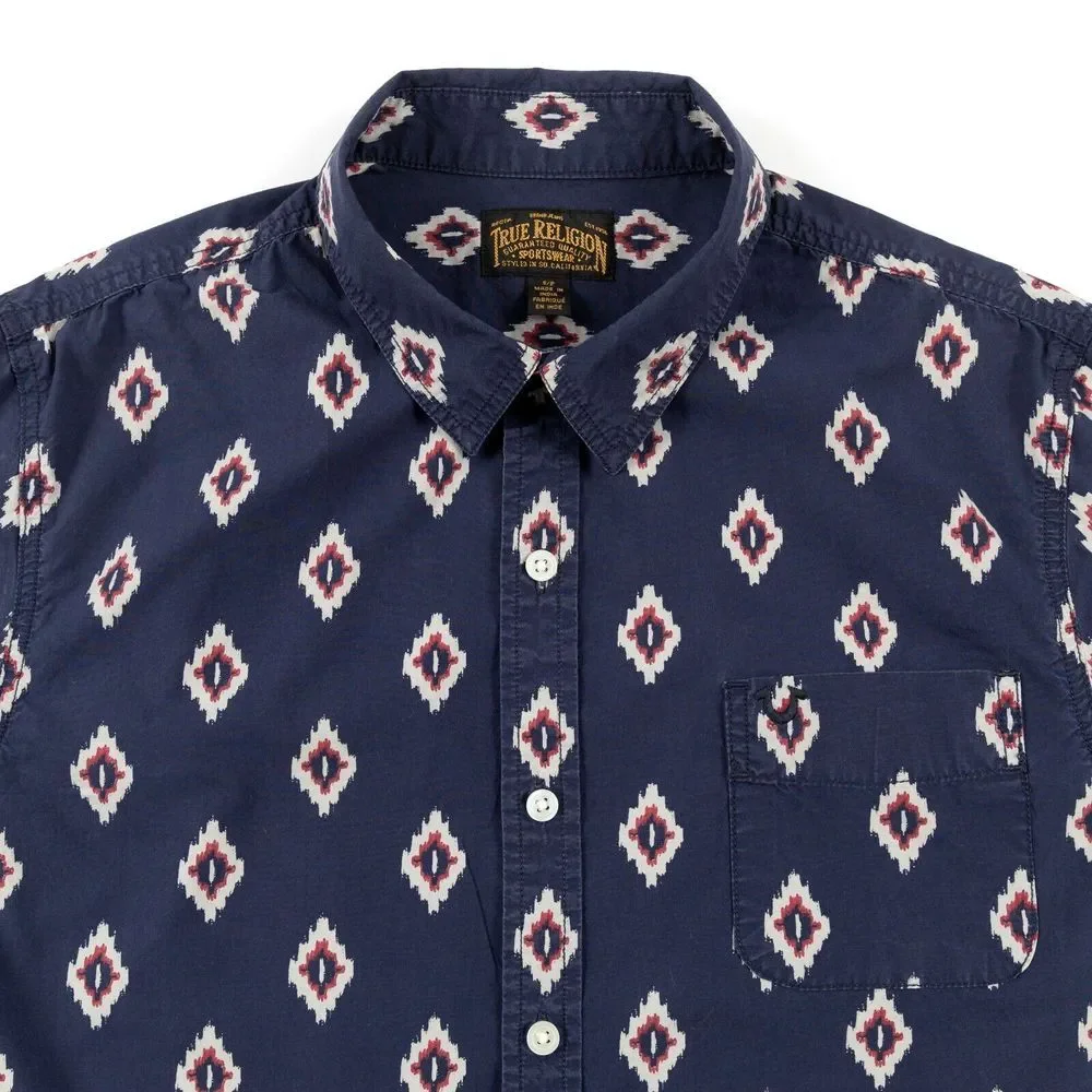 True Religion Aztec Western Poplin Short‎ Sleeve Button Up Shirt Men's Small